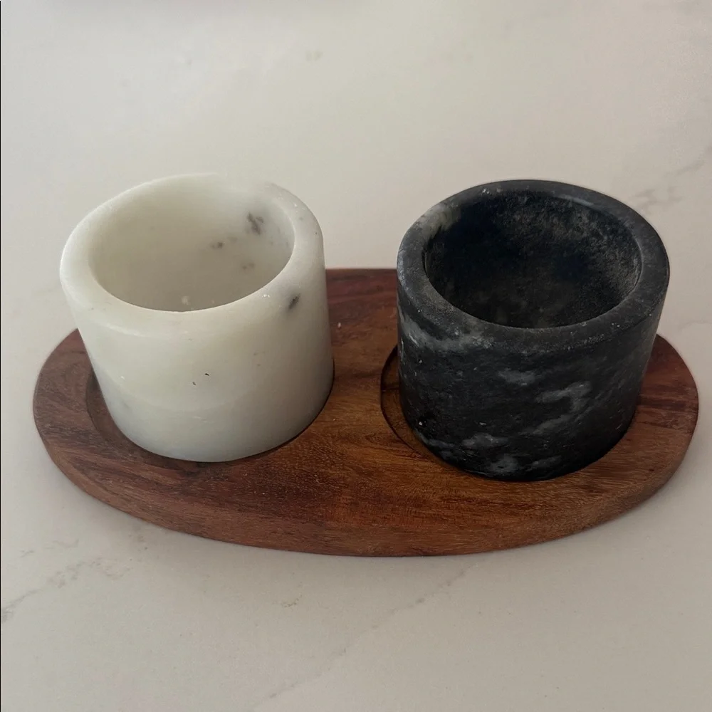 Marble Salt And Pepper Holders on Wooden Tray